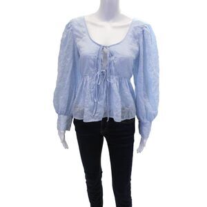 ciro lucia Womens Cotton Stripe Print V-Neck Puff Sleeve Blouse Blue Size L